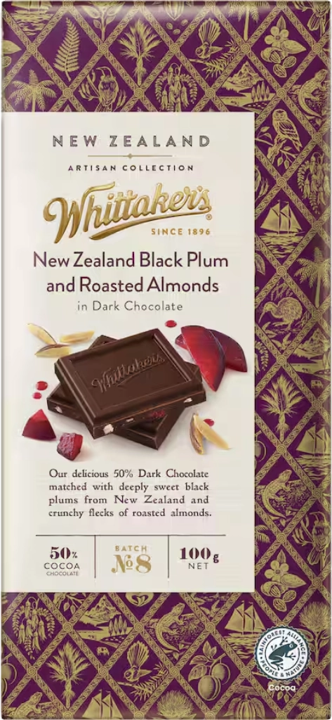 Whittaker's New Zealand Black Plum & Almonds Chocolate Block 100G